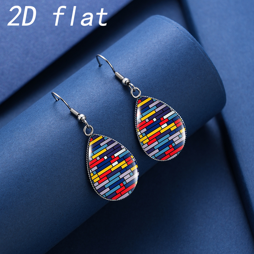 Colorful Geometric Brick Pattern Faux Gemstone Glass Teardrop Earrings